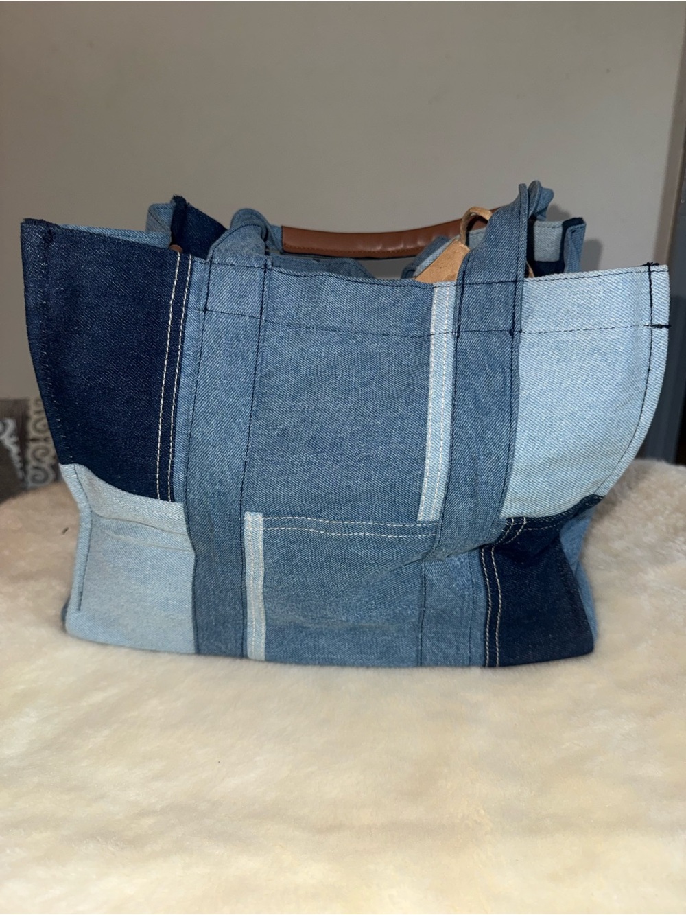 C&C California Blue Denim Patchwork Tote with Leather Logo - Picture 2 of 8